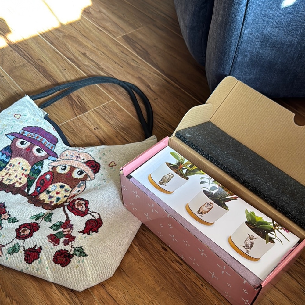 Owl Design Tote Bag & Owl Planters